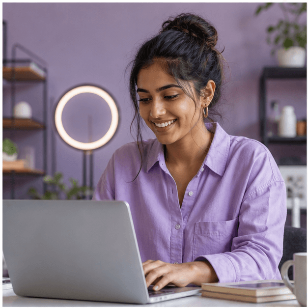 Creator working on a laptop in her studio